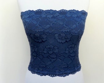 Navy blue lined elastic lace tube top strapless