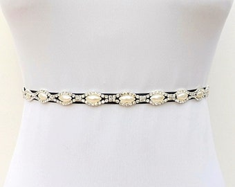 Black thin elastic Silver sparkly jeweled pearly dress belt