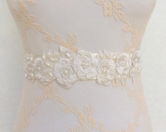 Ivory bridal beaded lace flowers and pearls wedding dress sash