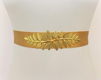 Bridal wide elastic Gold leaf wedding dress belt