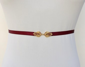 Burgundy bridal thin elastic waist belt,  Gold vintage jeweled wedding dress belt