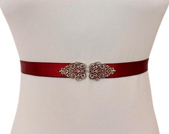 Burgundy elastic waist belt, Silver vintage jeweled dress belt