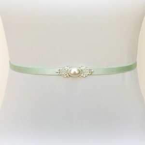 Mint green bridal elastic Silver jeweled pearl wedding dress belt