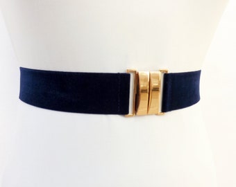 Navy blue elastic velvet waist belt with gold clasp for women