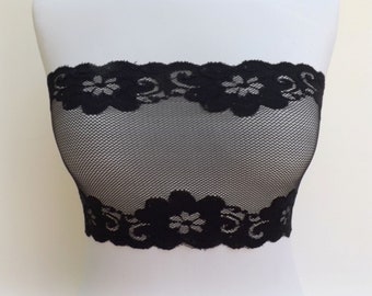 Soutien-gorge bandeau noir en dentelle élastique transparente à fleurs