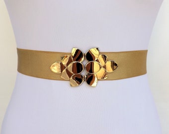 Gold bridal elastic waist belt with leaf clasp, Wedding dress belt