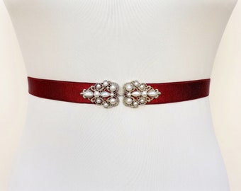 Burgundy bridal elastic Silver jeweled pearly wedding dress belt