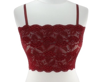 Burgundy see through elastic lace bralette, Cropped cami