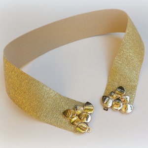 Gold glitter bridal wide elastic waist belt, Gold leaf wedding dress belt