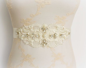 Ivory bridal beaded crystals and pearls wedding dress lace sash belt