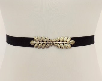 Black elastic velvet waist belt with silver leaf clasp