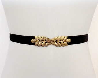 Black velvet elastic Gold leaf dress belt