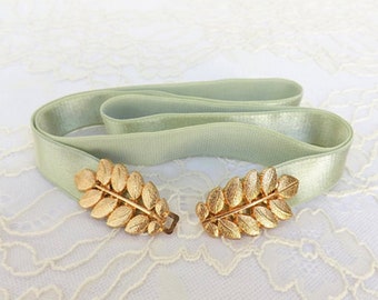 Mint green elastic waist belt, Gold leaf dress belt