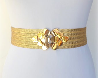 Gold Metallic Elastic Waist Belt: Wide Leaf Clasp