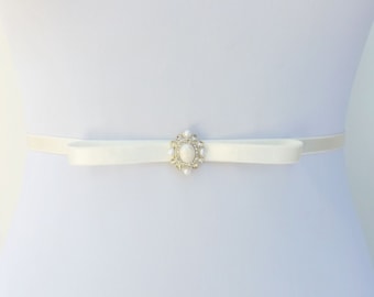 Ivory bridal thin elastic pearly bow belt, Wedding dress belt