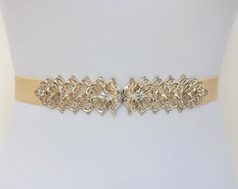 Champagne bridal elastic waist belt with silver filigree clasp