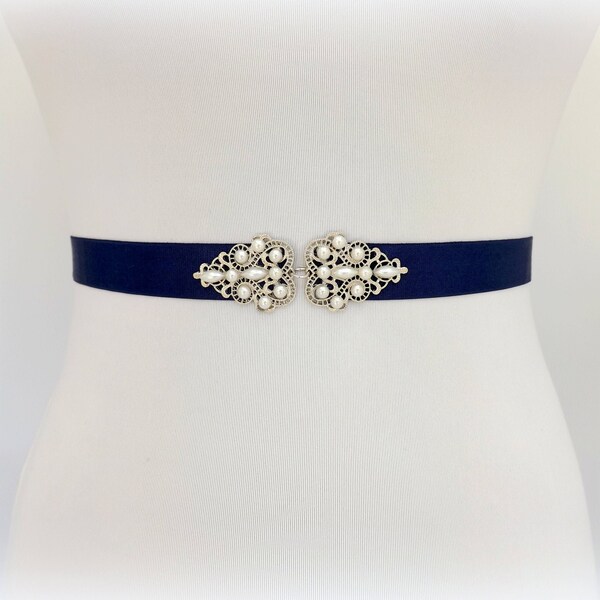 Navy blue bridal elastic waist belt, Silver jeweled pearly wedding dress belt