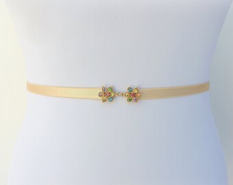 Gold bridal thin elastic waist belt with sparkly colorful flowers