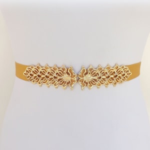 Gold bridal elastic wedding dress belt with large filigree clasp