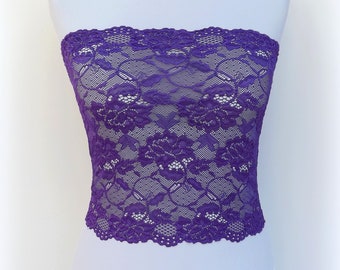 Purple see through elastic lace tube top strapless