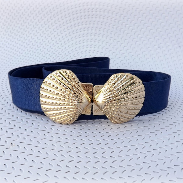 Navy blue elastic waist belt with gold seashells clasp