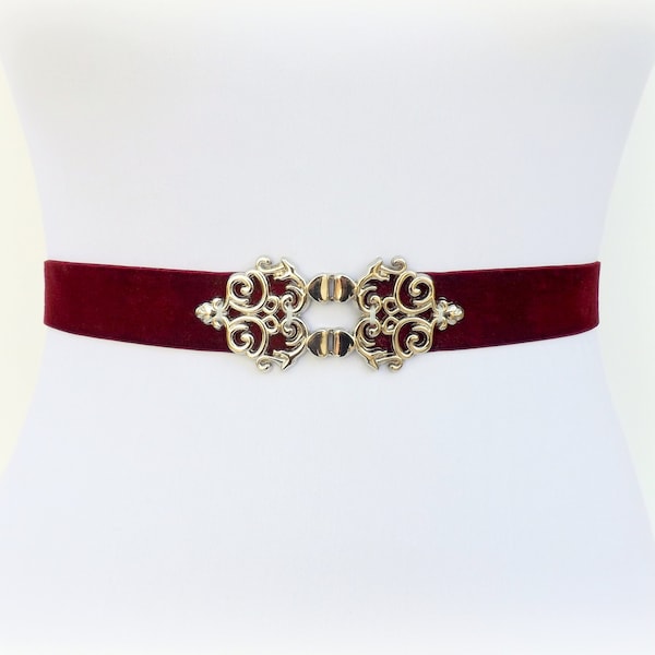 Burgundy velvet elastic waist belt with silver filigree clasp