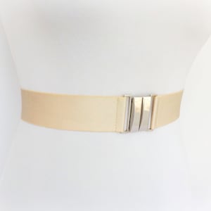 Women&#39;s Champagne wide elastic waist belt with silver clasp, Available in regular and plus size