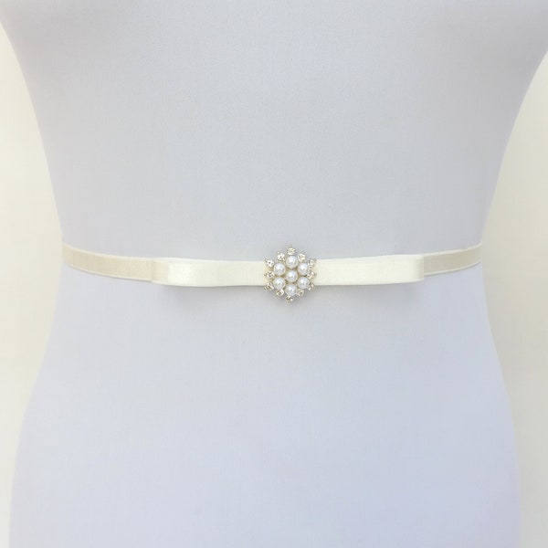 Ivory bridal thin elastic Pearly bow wedding dress belt