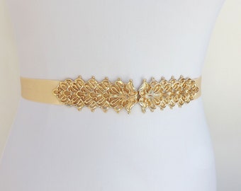 Champagne bridal elastic waist belt with gold filigree clasp