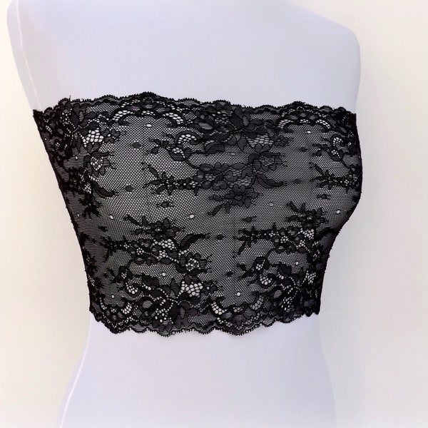 Black sheer elastic lace bandeau top, Strapless bra