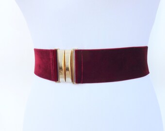 Burgundy Wide Elastic Velvet Waist Belt With Gold Clasp UK