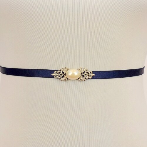 Navy Blue Thin Elastic Waist Belt Silver Jeweled Dress Belt Etsy