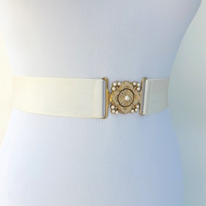 Ivory bridal elastic waist belt with gold pearly clasp