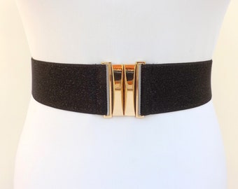 Black glitter wide elastic waist belt with gold clasp