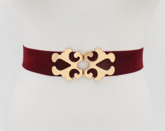 Burgundy velvet elastic waist belt with gold filigree clasp