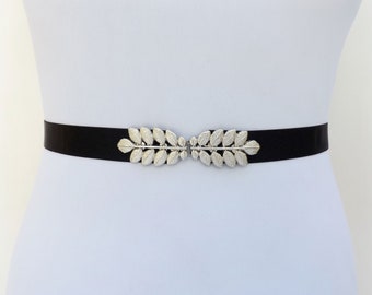 Women's black elastic Silver grecian leaf dress belt