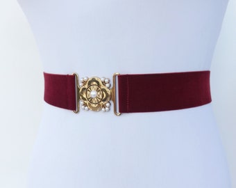 Burgundy velvet elastic waist belt with gold pearly clasp