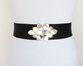 Black wide elastic waist belt with silver leaf clasp