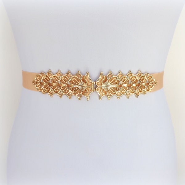 Light peach bridal elastic waist belt with gold filigree clasp