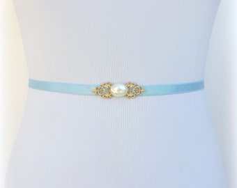 Light blue thin elastic Gold pearl jeweled waist belt