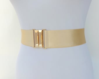 2" Wide Champagne elastic waist belt with gold clasp