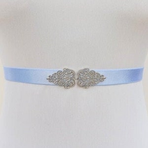 Light blue bridal elastic waist belt, silver jeweled wedding dress belt