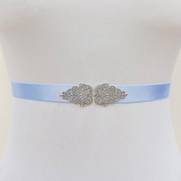 Light blue bridal elastic waist belt, silver jeweled wedding dress belt
