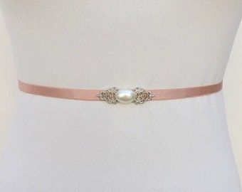Antik Rosa Braut dünnen elastischen Silberschmuck Perle Hochzeitskleid Gürtel