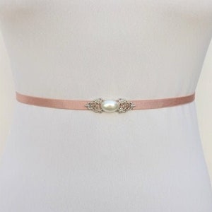 Antique pink bridal thin elastic Silver jeweled pearl wedding dress belt