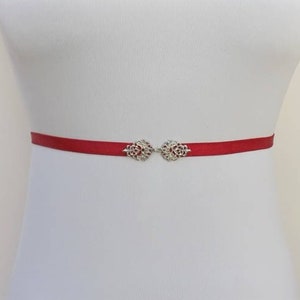 Red bridal thin elastic waist belt, Silver jeweled wedding dress belt