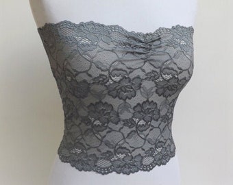 Dark gray see through stretch lace tube top strapless