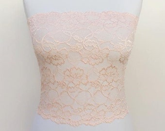 Peach lace bandeau tube top, see through elastic lace strapless