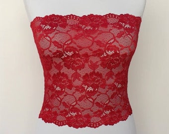 Red see through elastic lace tube top strapless