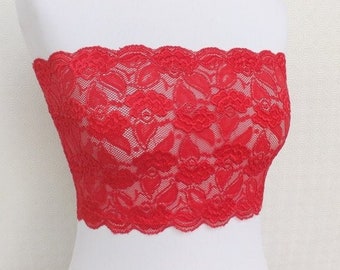 Top a fascia in pizzo elastico rosso trasparente, reggiseno trasparente senza spalline